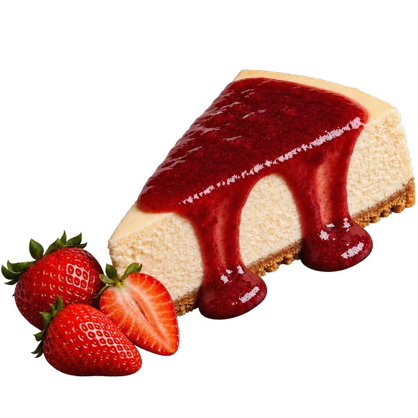 Fatia de cheesecake com calda de frutas vermelhas escorrendo pela lateral, ao lado de morangos