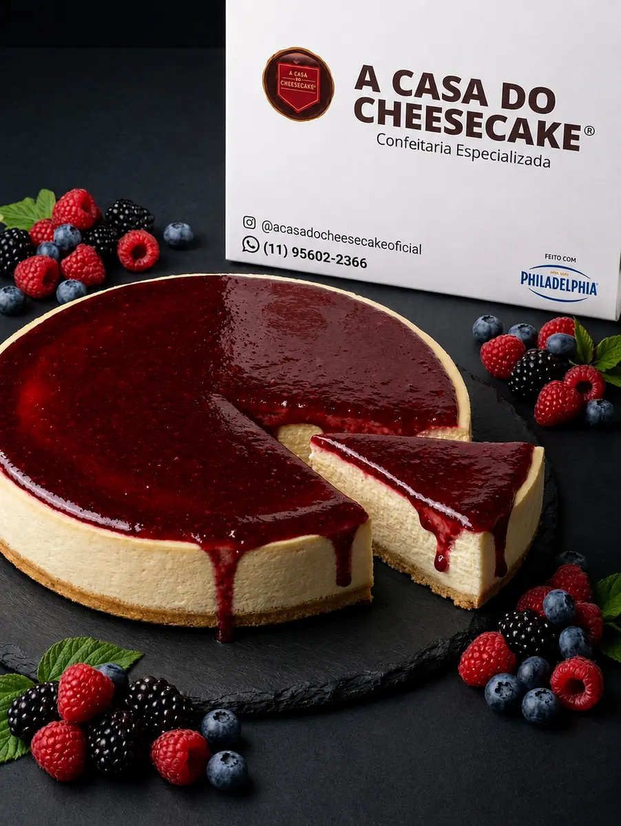 Cheesecake de frutas vermelhas de 1,2 kg, com uma fatia servida e frutas ao redor