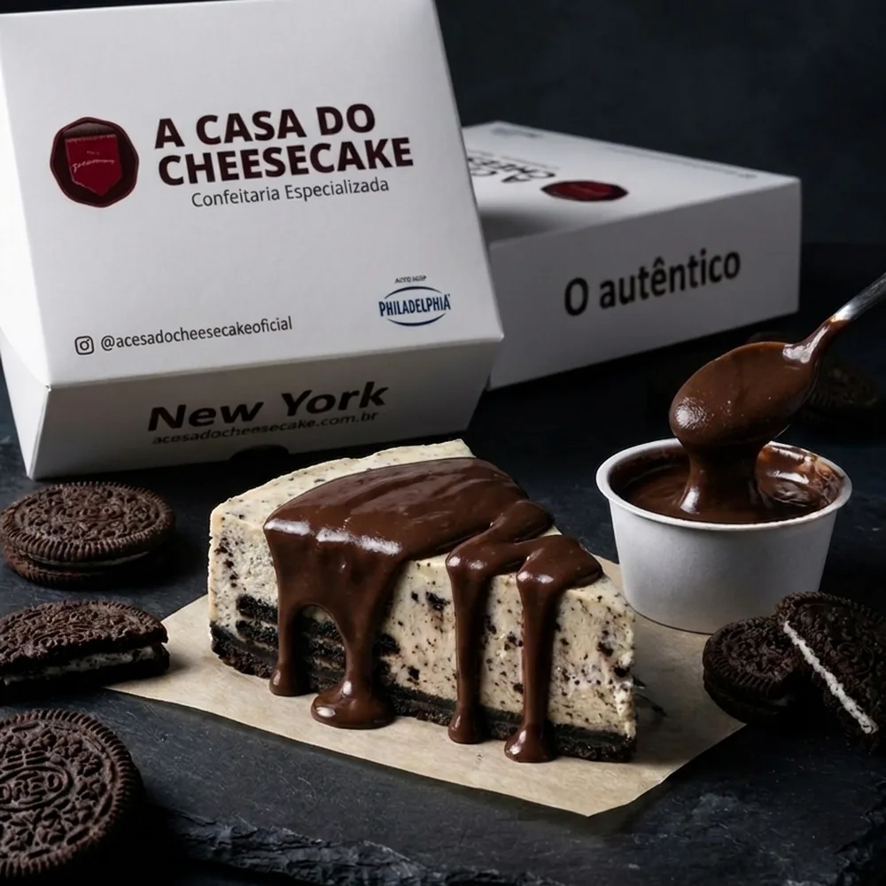 Fatia de cheesecake de Oreo com calda de chocolate, ao lado da caixa